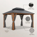 11 Ft. X 13 Ft. Double Roof Hardtop Wooden Patio Gazebo with Netting and Gray Curtains
