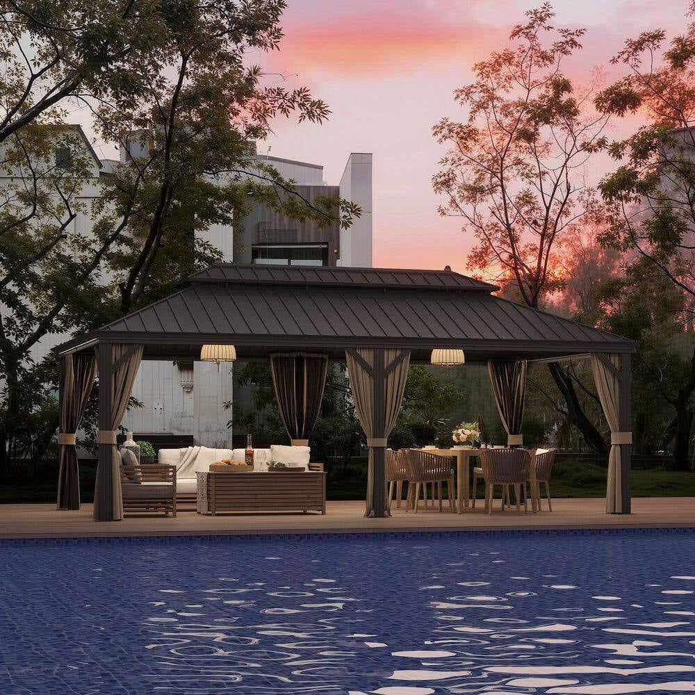 12 Ft. X 22 Ft. Double Galvanized Steel Roof Aluminum Frame Outdoor Patio Hardtop Gazebo with Netting and Curtains