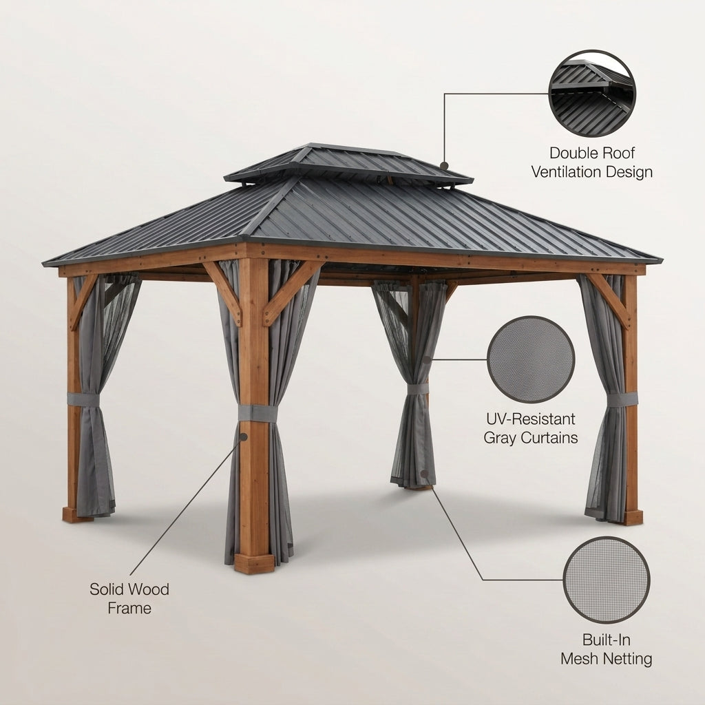 11 Ft. X 13 Ft. Double Roof Hardtop Wooden Patio Gazebo with Netting and Gray Curtains — Lifestyle