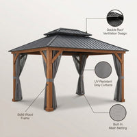 11 Ft. X 13 Ft. Double Roof Hardtop Wooden Patio Gazebo with Netting and Gray Curtains — Lifestyle