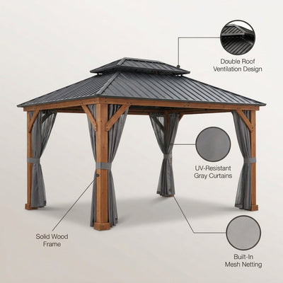 11 Ft. X 13 Ft. Double Roof Hardtop Wooden Patio Gazebo with Netting and Gray Curtains