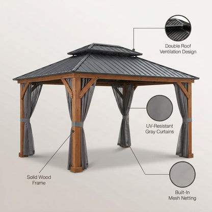 11 Ft. X 13 Ft. Double Roof Hardtop Wooden Patio Gazebo with Netting and Gray Curtains — Lifestyle