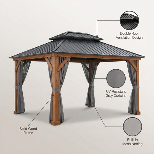 11 Ft. X 13 Ft. Double Roof Hardtop Wooden Patio Gazebo with Netting and Gray Curtains — Lifestyle