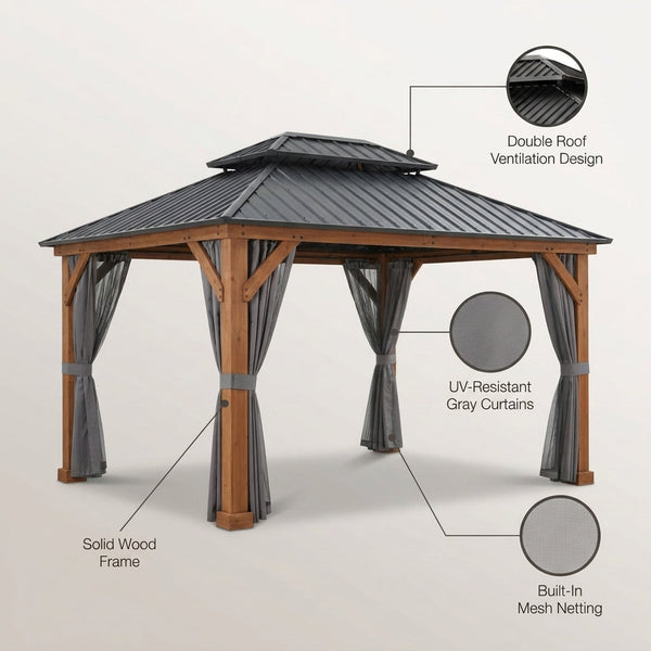 11 Ft. X 13 Ft. Double Roof Hardtop Wooden Patio Gazebo with Netting and Gray Curtains — Lifestyle