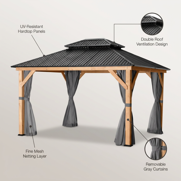 11 Ft. X 13 Ft. Double Roof Hardtop Wooden Patio Gazebo with Netting and Gray Curtains