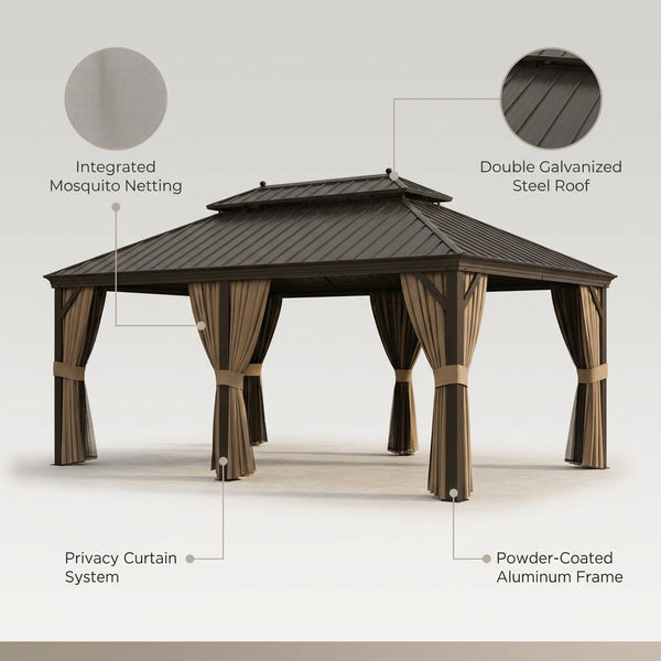 14 Ft. X 20 Ft. Double Galvanized Steel Roof Aluminum Frame Outdoor Patio Hardtop Gazebo with Netting and Curtains