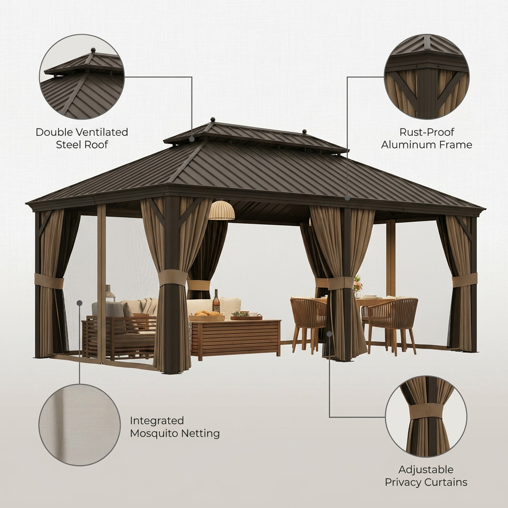 14 Ft. X 20 Ft. Double Galvanized Steel Roof Aluminum Frame Outdoor Patio Hardtop Gazebo with Netting and Curtains — Lifestyle