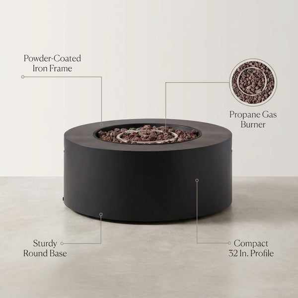 32 In. W X 13.5 In. H Iron Propane Gas Burning round Outdoor Patio Fire Pit in Dark Grey