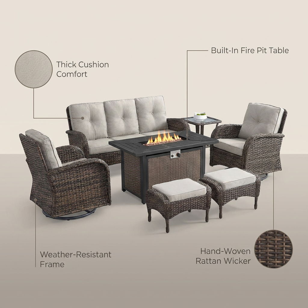 7 Piece Outdoor Patio Furniture Set, Patio Furniture Set with Fire Pit Table Rattan Wicker Patio Furniture Set, Brown Wicker & Beige Cushion — Lifestyle