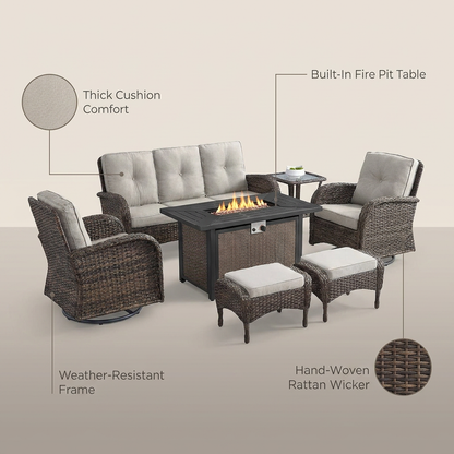 7 Piece Outdoor Patio Furniture Set, Patio Furniture Set with Fire Pit Table Rattan Wicker Patio Furniture Set, Brown Wicker & Beige Cushion — Lifestyle
