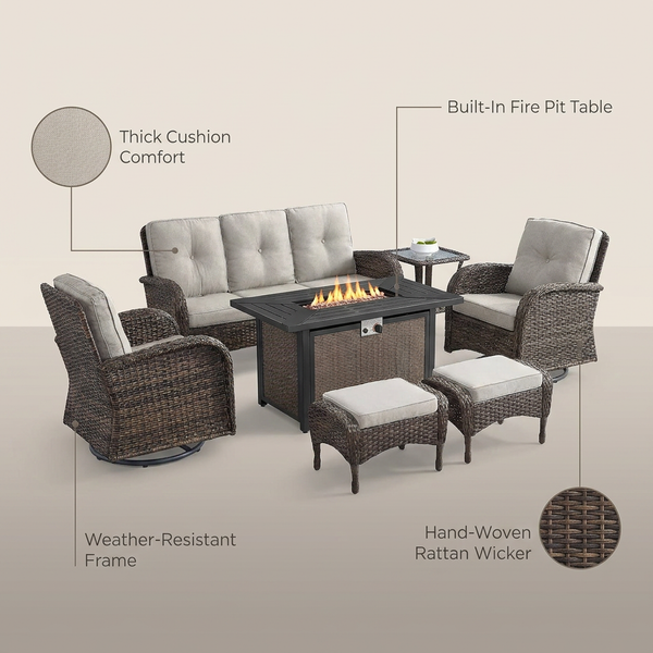 7 Piece Outdoor Patio Furniture Set, Patio Furniture Set with Fire Pit Table Rattan Wicker Patio Furniture Set, Brown Wicker & Beige Cushion