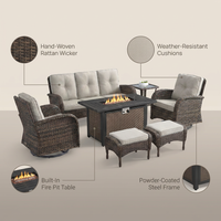 7 Piece Outdoor Patio Furniture Set, Patio Furniture Set with Fire Pit Table Rattan Wicker Patio Furniture Set, Brown Wicker & Beige Cushion — Lifestyle