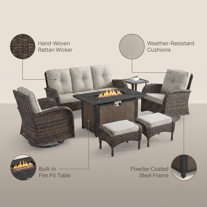 7 Piece Outdoor Patio Furniture Set, Patio Furniture Set with Fire Pit Table Rattan Wicker Patio Furniture Set, Brown Wicker & Beige Cushion — Lifestyle