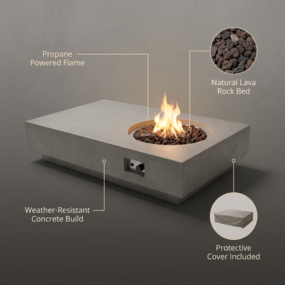 Metropolis Outdoor Fire Pit 56 In. X 32 In. Rectangular Concrete Propane Fire Table with Lava Rocks and Cover — Lifestyle