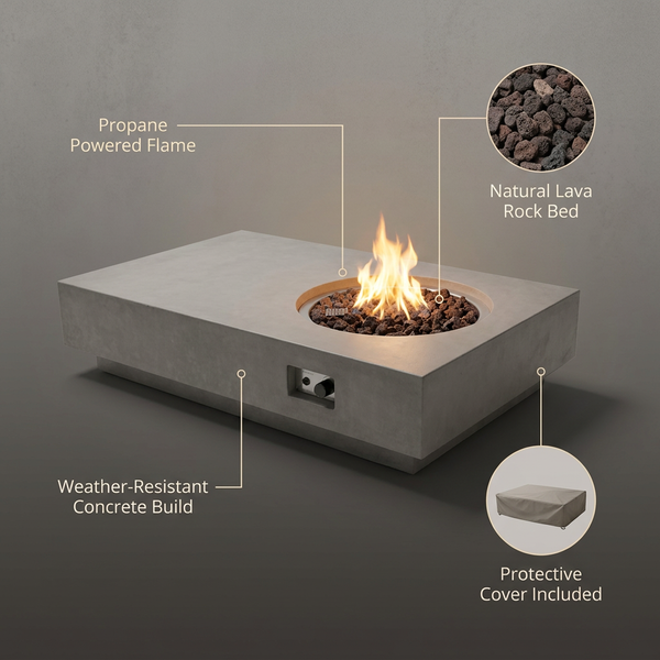 Metropolis Outdoor Fire Pit 56 In. X 32 In. Rectangular Concrete Propane Fire Table with Lava Rocks and Cover