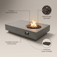 Metropolis Outdoor Fire Pit 56 In. X 32 In. Rectangular Concrete Propane Fire Table with Lava Rocks and Cover — Lifestyle