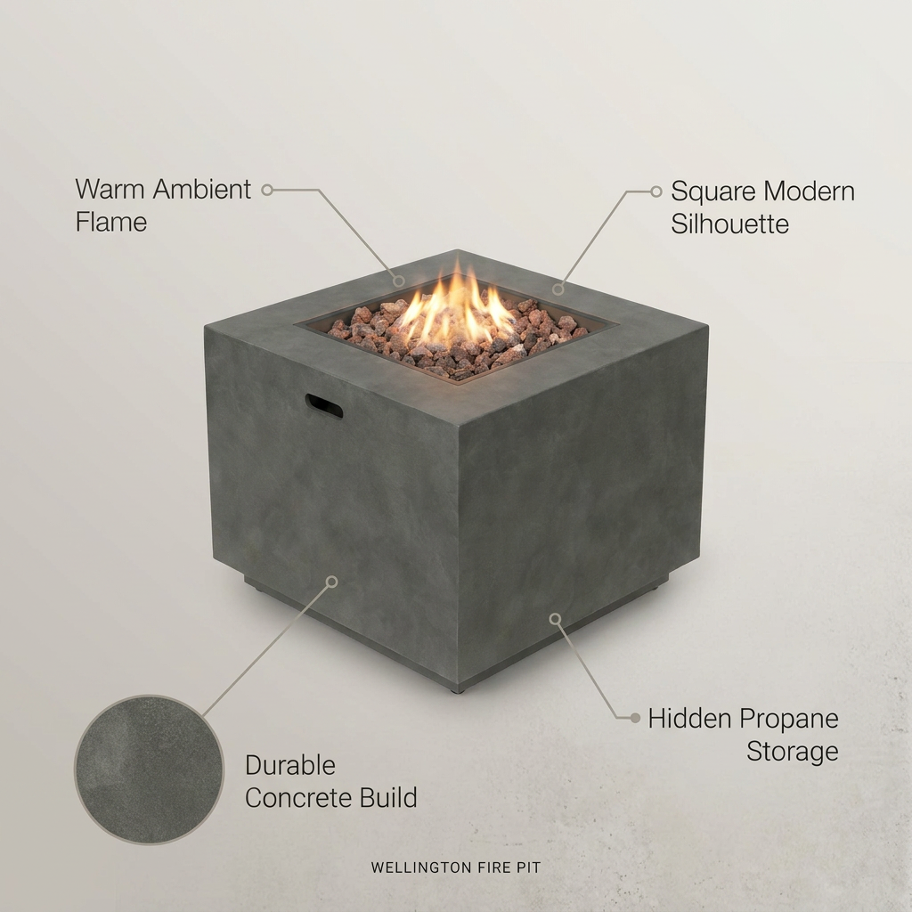 Wellington 33 In. X 24 In. Square Concrete Propane Outdoor Patio Fire Pit in Dark Grey — Lifestyle