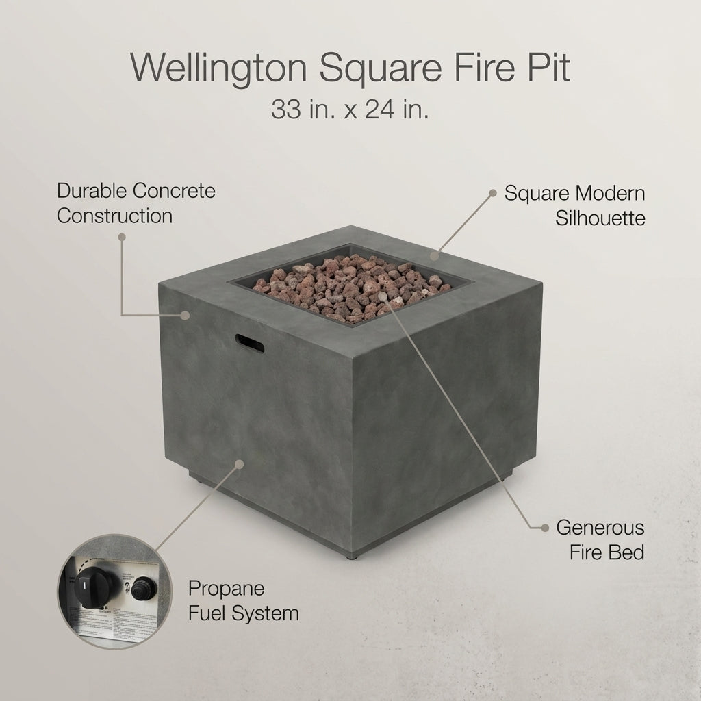 Wellington 33 In. X 24 In. Square Concrete Propane Outdoor Patio Fire Pit in Dark Grey — Lifestyle