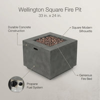 Wellington 33 In. X 24 In. Square Concrete Propane Outdoor Patio Fire Pit in Dark Grey — Lifestyle