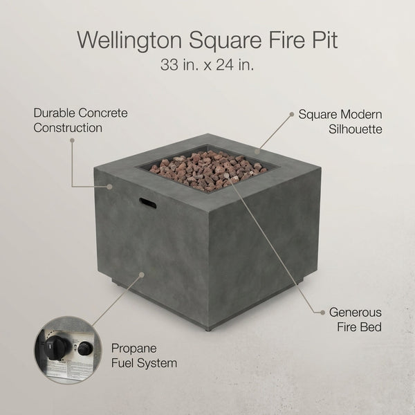 Wellington 33 In. X 24 In. Square Concrete Propane Outdoor Patio Fire Pit in Dark Grey