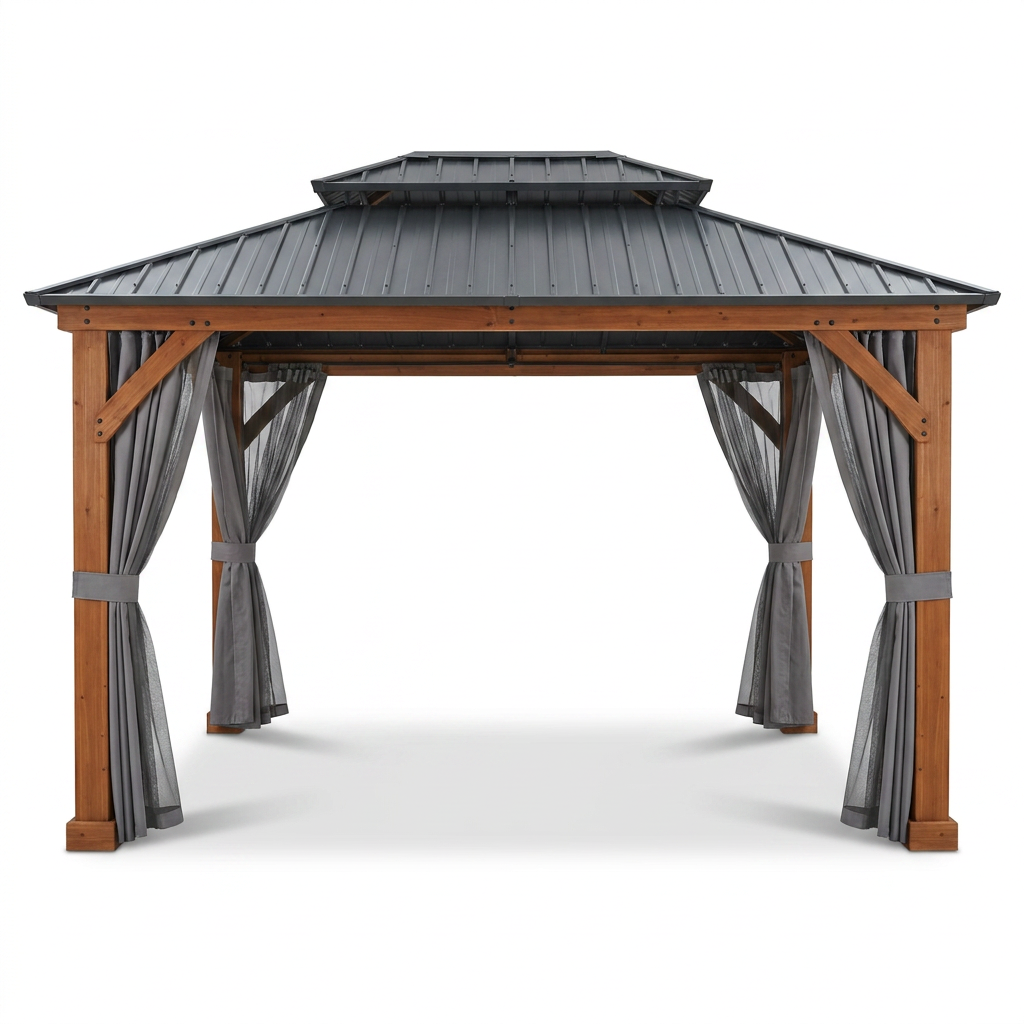 11 Ft. X 13 Ft. Double Roof Hardtop Wooden Patio Gazebo with Netting and Gray Curtains — Studio Shot