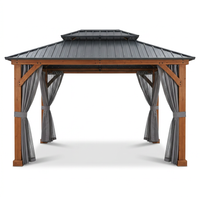 11 Ft. X 13 Ft. Double Roof Hardtop Wooden Patio Gazebo with Netting and Gray Curtains — Studio Shot