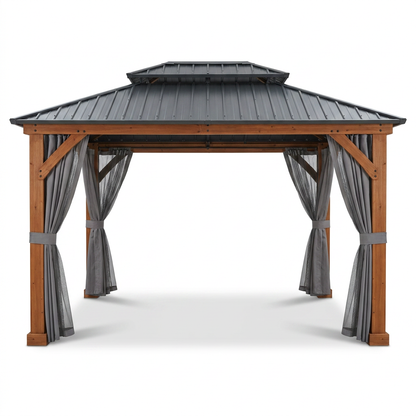 11 Ft. X 13 Ft. Double Roof Hardtop Wooden Patio Gazebo with Netting and Gray Curtains — Studio Shot