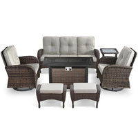 7 Piece Outdoor Patio Furniture Set, Patio Furniture Set with Fire Pit Table Rattan Wicker Patio Furniture Set, Brown Wicker & Beige Cushion — Studio Shot