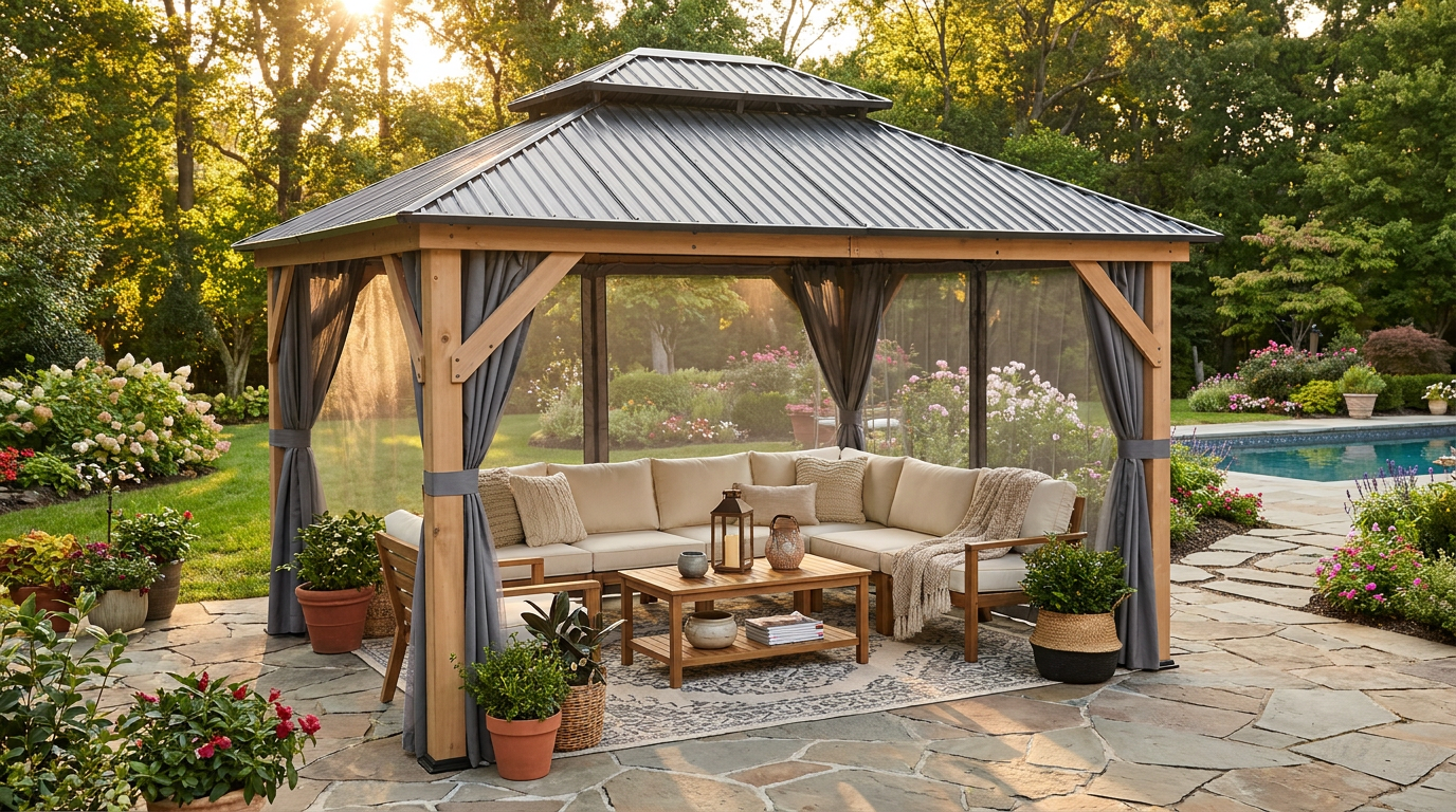 11 Ft. X 13 Ft. Double Roof Hardtop Wooden Patio Gazebo with Netting and Gray Curtains — Lifestyle