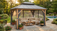 11 Ft. X 13 Ft. Double Roof Hardtop Wooden Patio Gazebo with Netting and Gray Curtains — Lifestyle