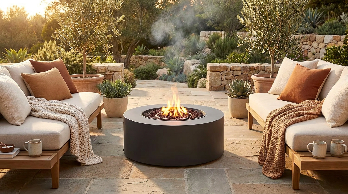 32 In. W X 13.5 In. H Iron Propane Gas Burning round Outdoor Patio Fire Pit in Dark Grey — Lifestyle