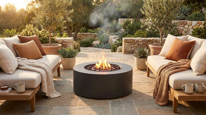 32 In. W X 13.5 In. H Iron Propane Gas Burning round Outdoor Patio Fire Pit in Dark Grey — Lifestyle