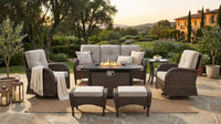 7 Piece Outdoor Patio Furniture Set, Patio Furniture Set with Fire Pit Table Rattan Wicker Patio Furniture Set, Brown Wicker & Beige Cushion — Lifestyle
