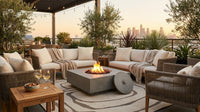 Metropolis Outdoor Fire Pit 56 In. X 32 In. Rectangular Concrete Propane Fire Table with Lava Rocks and Cover — Lifestyle