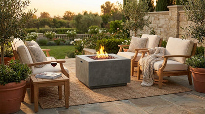 Wellington 33 In. X 24 In. Square Concrete Propane Outdoor Patio Fire Pit in Dark Grey — Lifestyle
